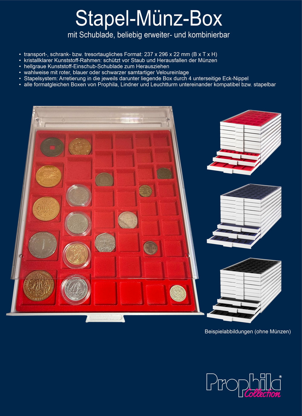 Prophila Collection M�nzbox grau 45 eckige F�cher gemischt 4 Verschiedene Gr��en, rote Einlage