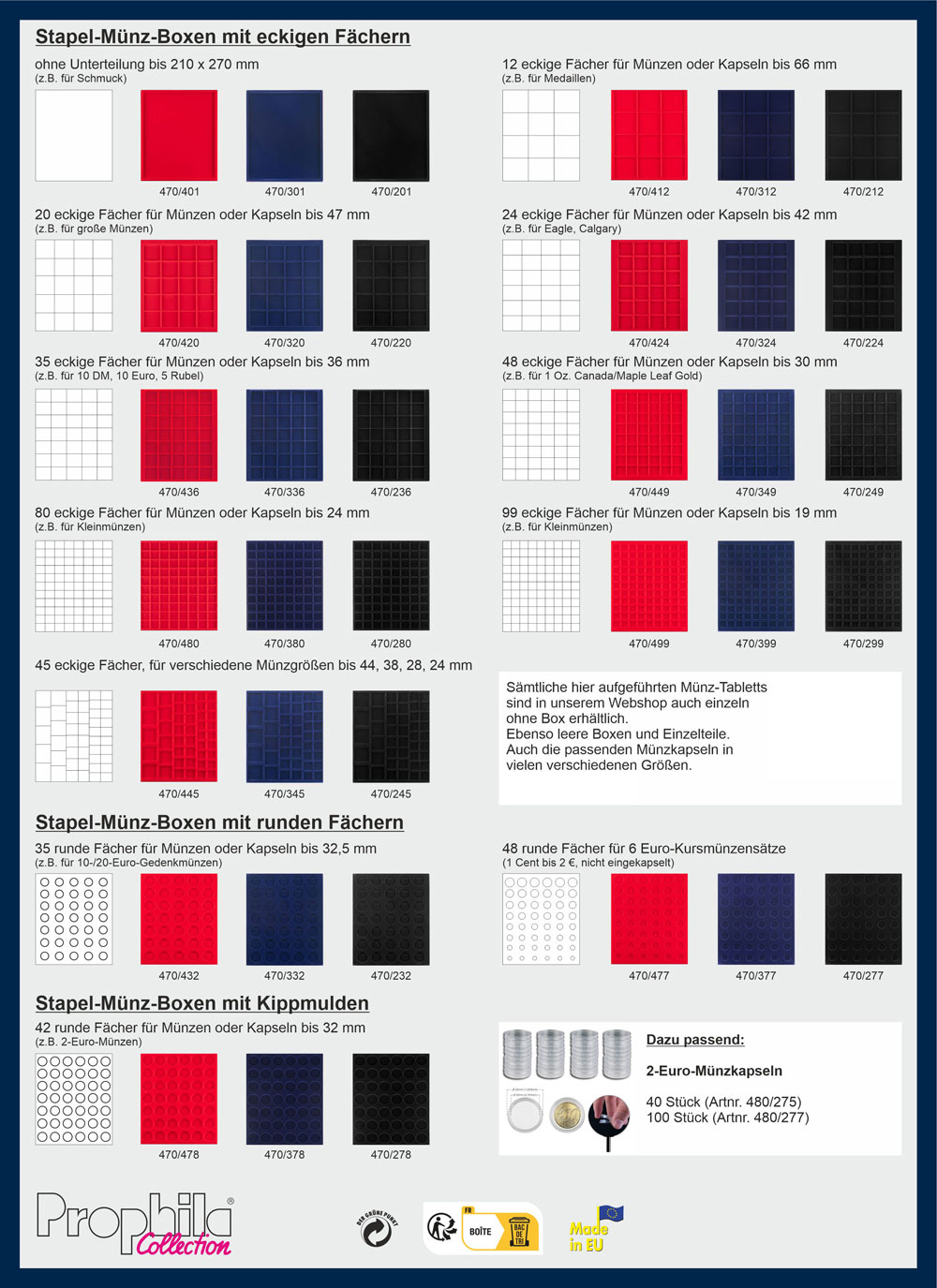 Prophila Collection M�nzbox grau 45 eckige F�cher gemischt 4 Verschiedene Gr��en, rote Einlage