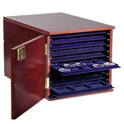 M�nzkabinett f�r 10 M�nztableaus im L-Format, mahagonifarbene Holzmaserung