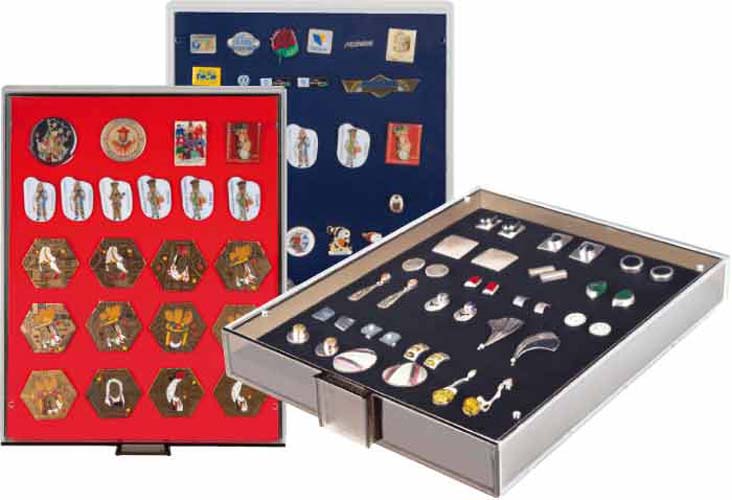 Lindner 2417 Sammelboxen f�r PINs / Orden / Abzeichen-Grau / rote Einlage